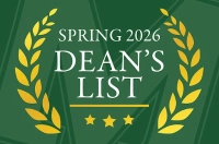 green background with Marywood M logo and gold starts and laurel leaves with the words Spring 2026 Dean's List